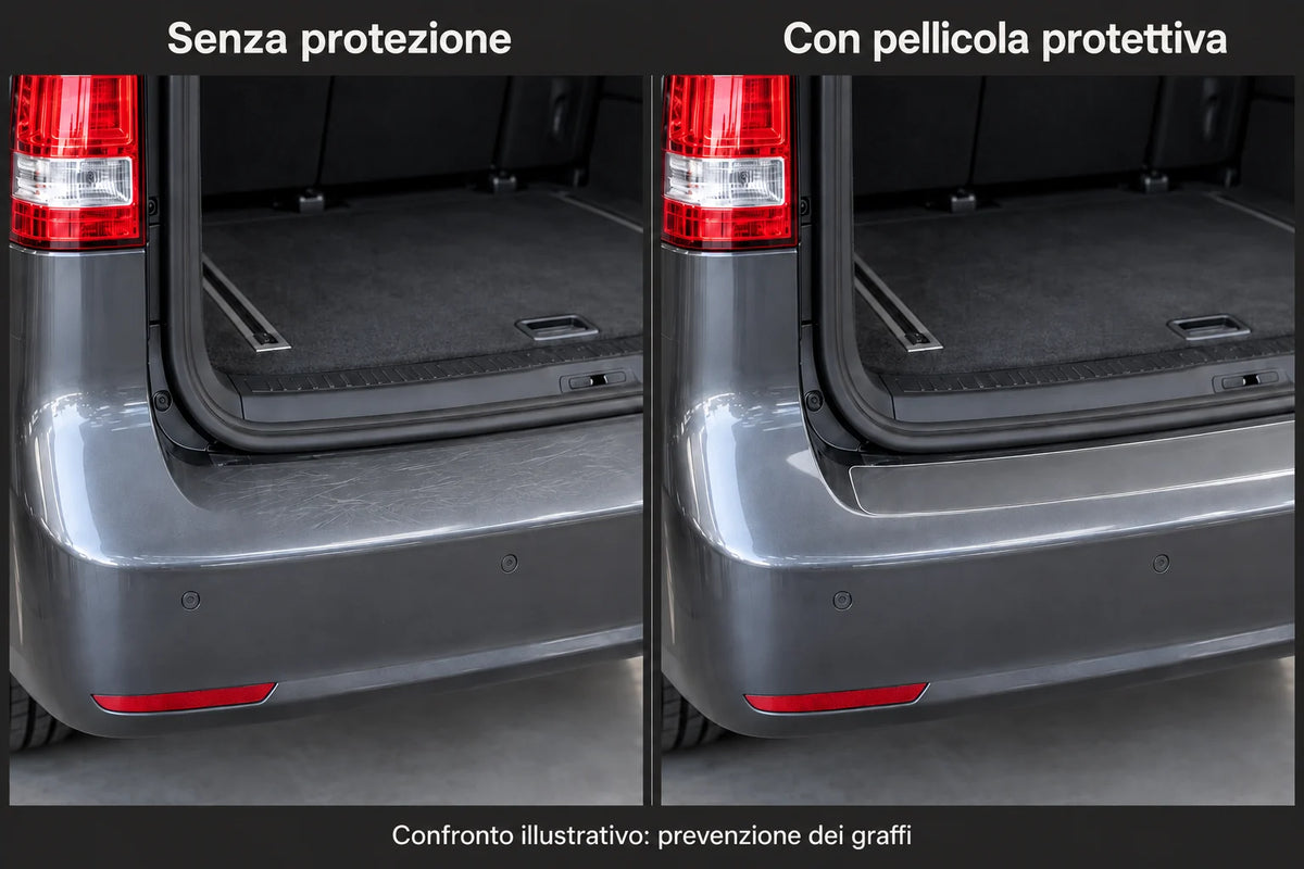 Soglia di carico Mercedes Classe V W447 con e senza pellicola protettiva: confronto illustrativo