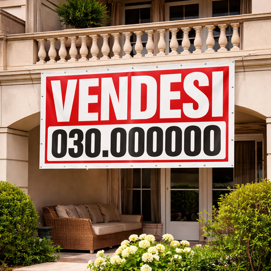 „ZU VERKAUFEN“- oder „ZU VERMIETEN“-Banner aus PVC mit Ösen und Verstärkungen