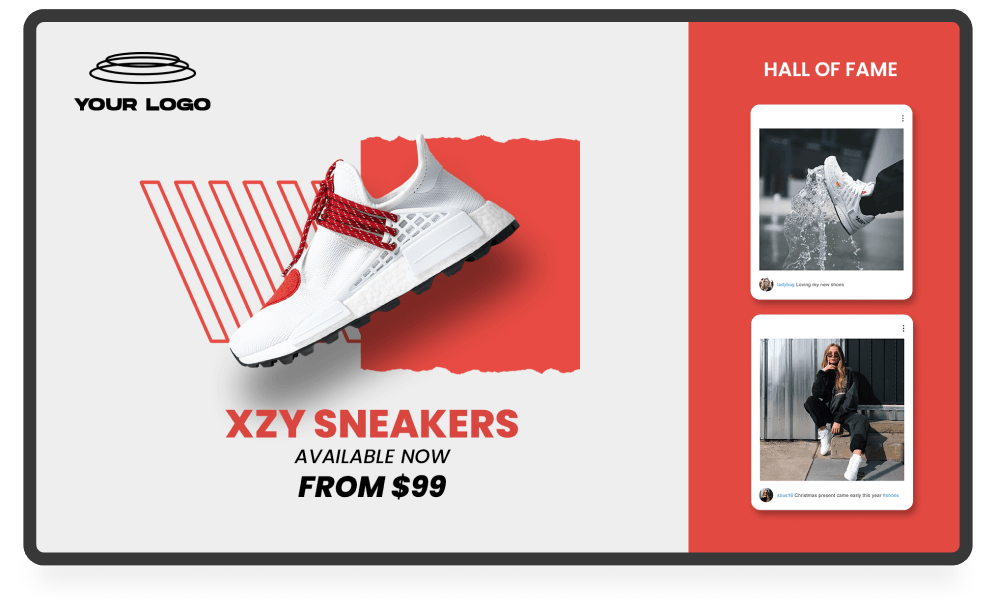 Monitor pubblicitario retail con promozione prodotto e social feed