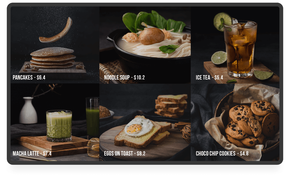 Menu digitale per ristorante con piatti e prezzi su display