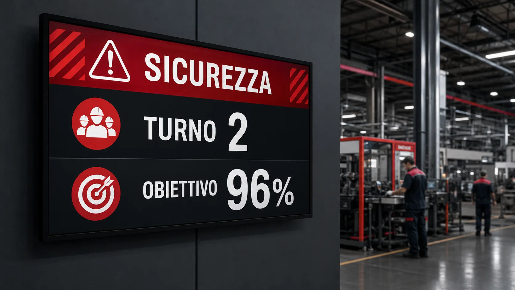 Monitor in produzione con dashboard sicurezza, turno e obiettivo