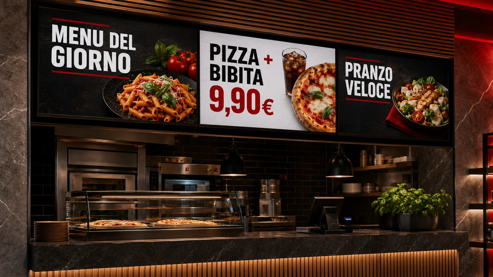 Menu digitale per ristorante con pizza, bibita e pranzo veloce su display