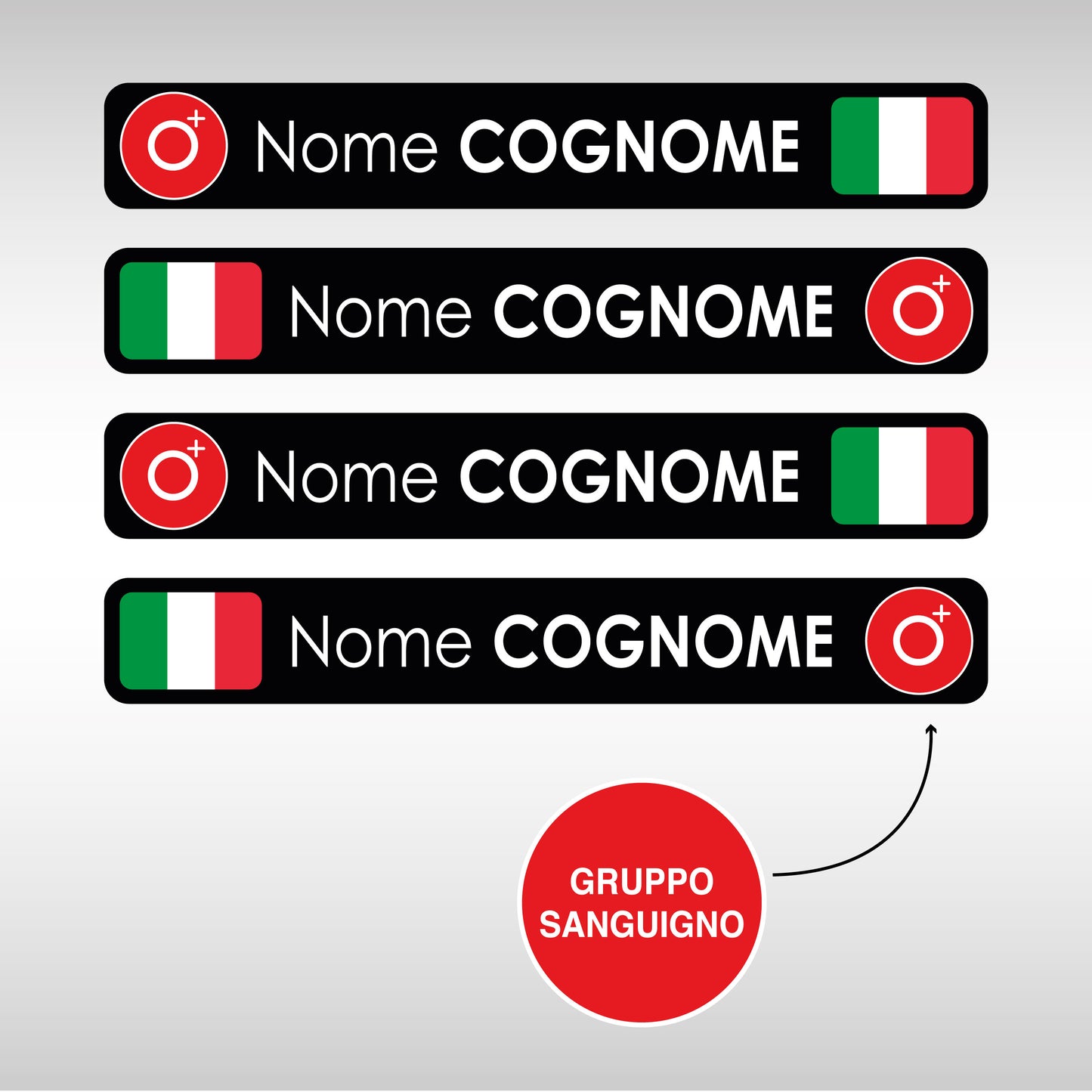 Adesivi Racing con Nome, Cognome, Bandiera e Gruppo Sanguigno (4 pz)