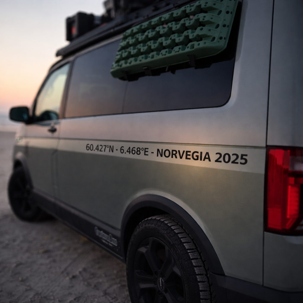 Aufkleber mit individuellen Koordinaten für Wohnmobile und Vans