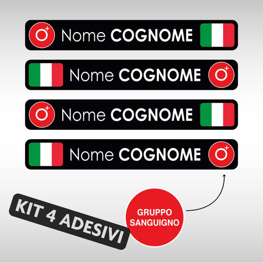 Adesivi Racing con Nome, Cognome, Bandiera e Gruppo Sanguigno (KIT 4 ADESIVI)