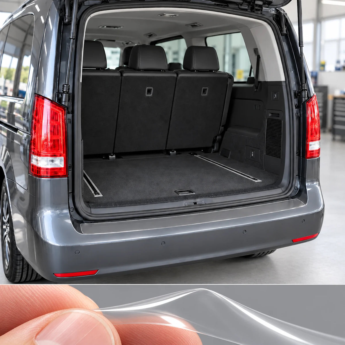 Mercedes Classe V W447 con protezione del paraurti posteriore e macro di pellicola trasparente lucida tra le dita – immagine illustrativa