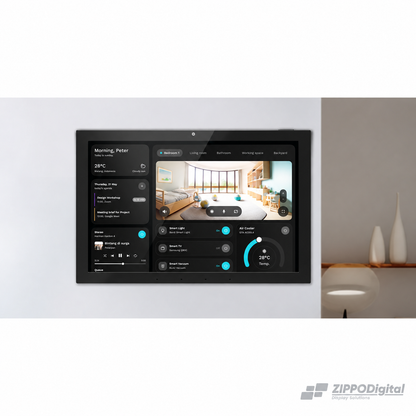 ZIPPODIGITAL pannello domotico touch 10,1″: pannello domotico touch da parete, vista installato parete casa, fondo bianco