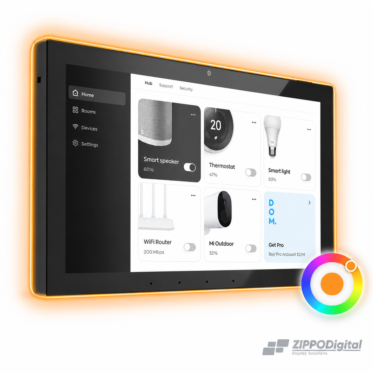ZIPPODIGITAL pannello domotico touch 10,1″: illuminazione RGB dei bordi personalizzabile, esempio di selezione del colore