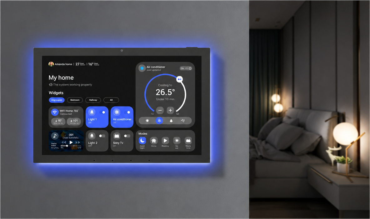 ZIPPODIGITAL pannello domotico touch 15,6″: pannello domotico touch da parete, vista installato parete zona giorno