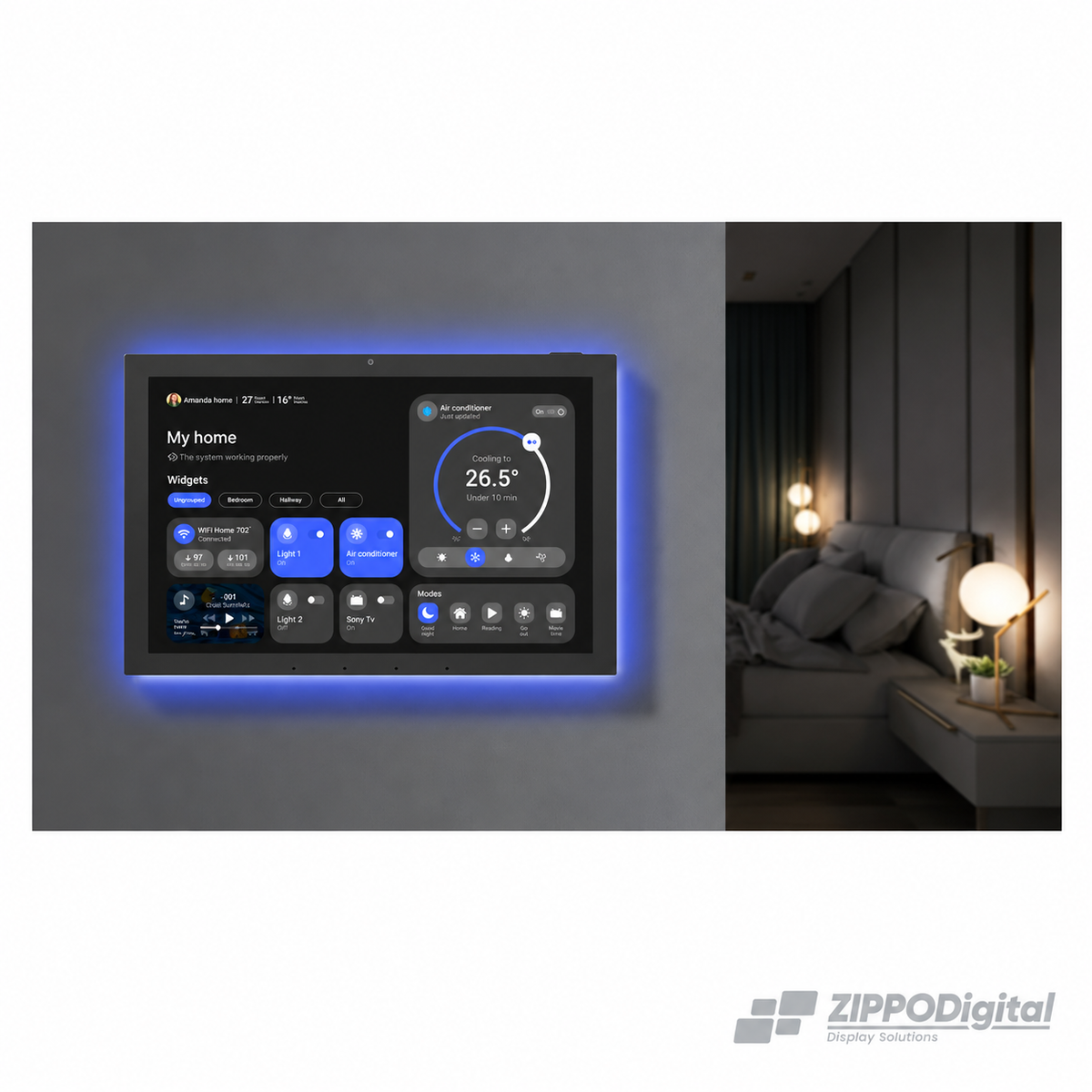 ZIPPODIGITAL pannello domotico touch 15,6″: pannello domotico touch da parete, vista installato parete zona giorno, fondo bianco