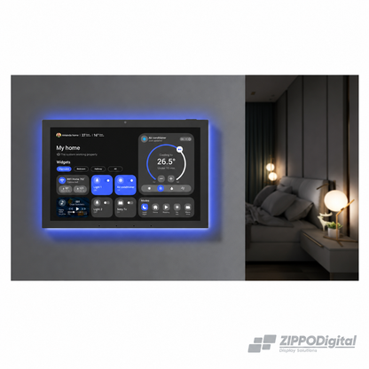 ZIPPODIGITAL pannello domotico touch 15,6″: pannello domotico touch da parete, vista installato parete zona giorno, fondo bianco
