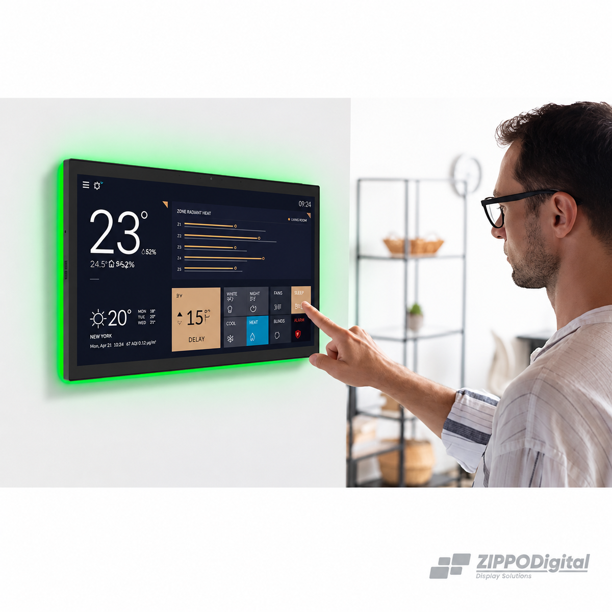ZIPPODIGITAL pannello domotico touch 15,6″: pannello domotico touch da parete, vista uso touch casa, fondo bianco