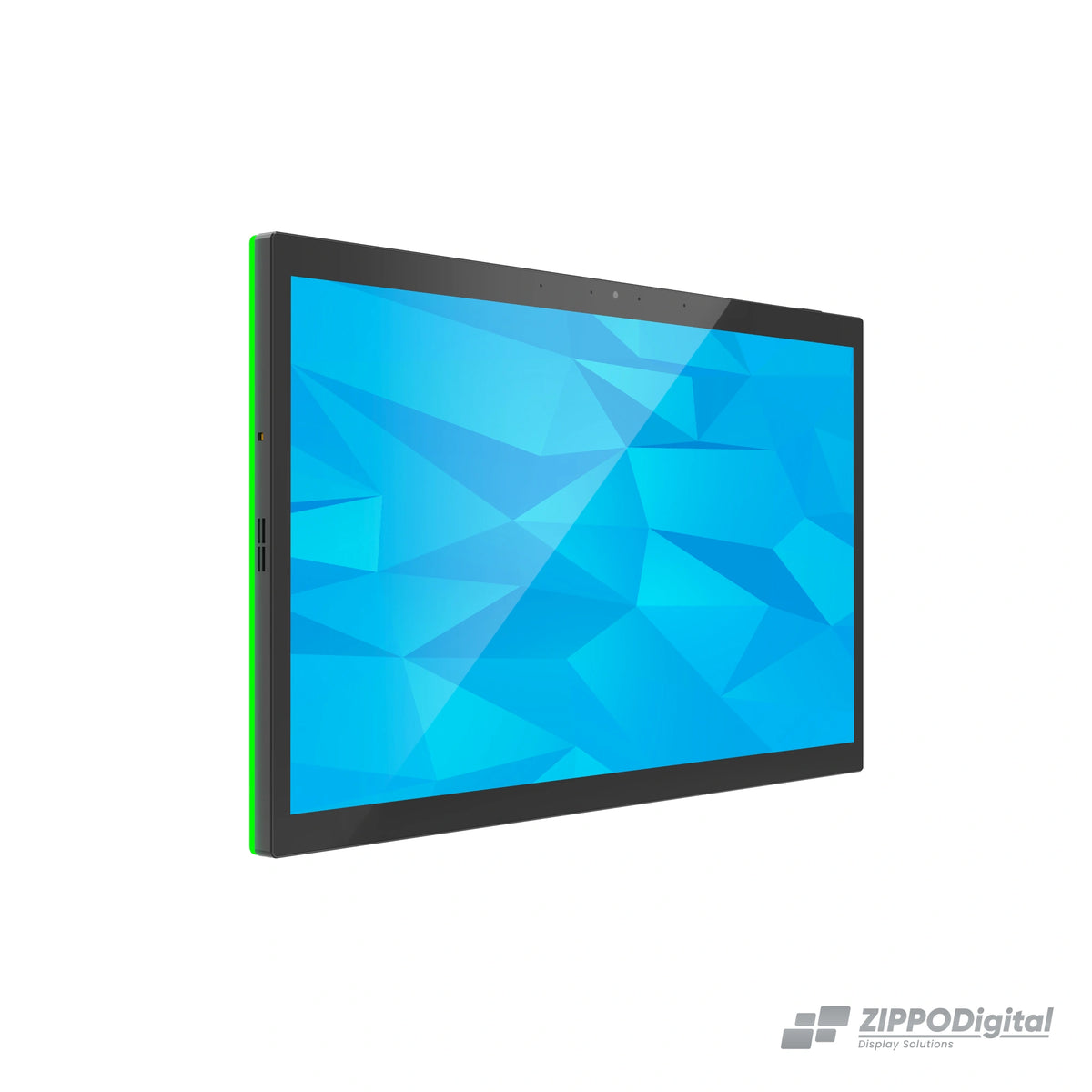 ZIPPODIGITAL pannello domotico touch 15,6″: vista obliqua sinistra, pannello domotico touch da parete con luce RGB