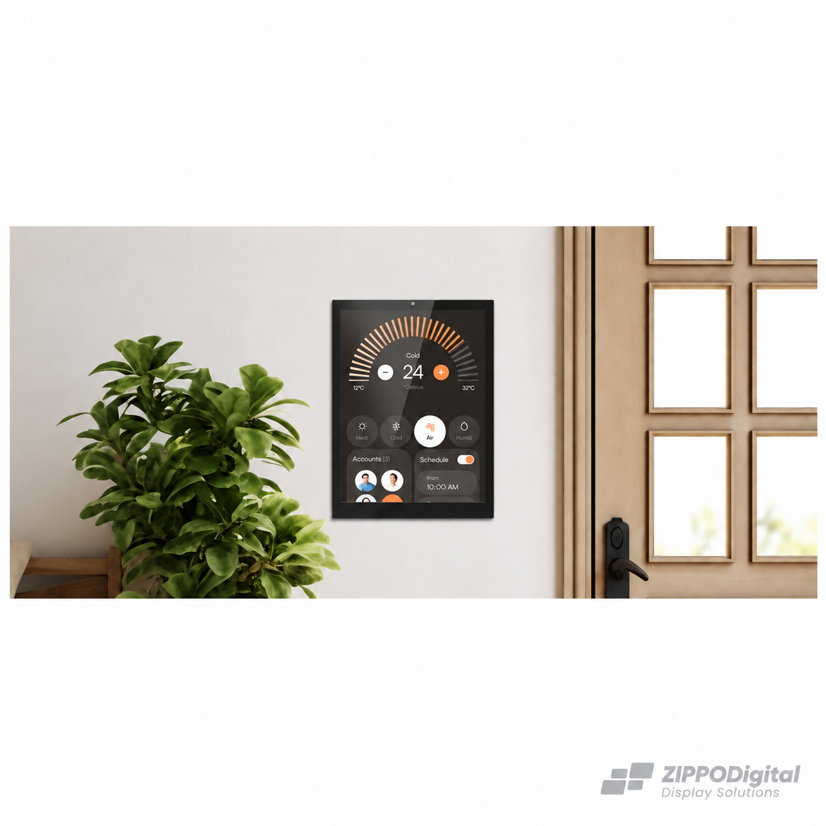 ZIPPODIGITAL pannello domotico touch 9,7″: pannello domotico touch verticale da parete, vista installato parete casa, fondo bianco