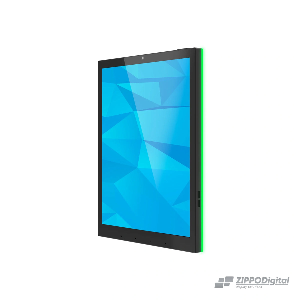 ZIPPODIGITAL pannello domotico touch 9,7″: vista obliqua destra, pannello domotico touch da parete con luce RGB