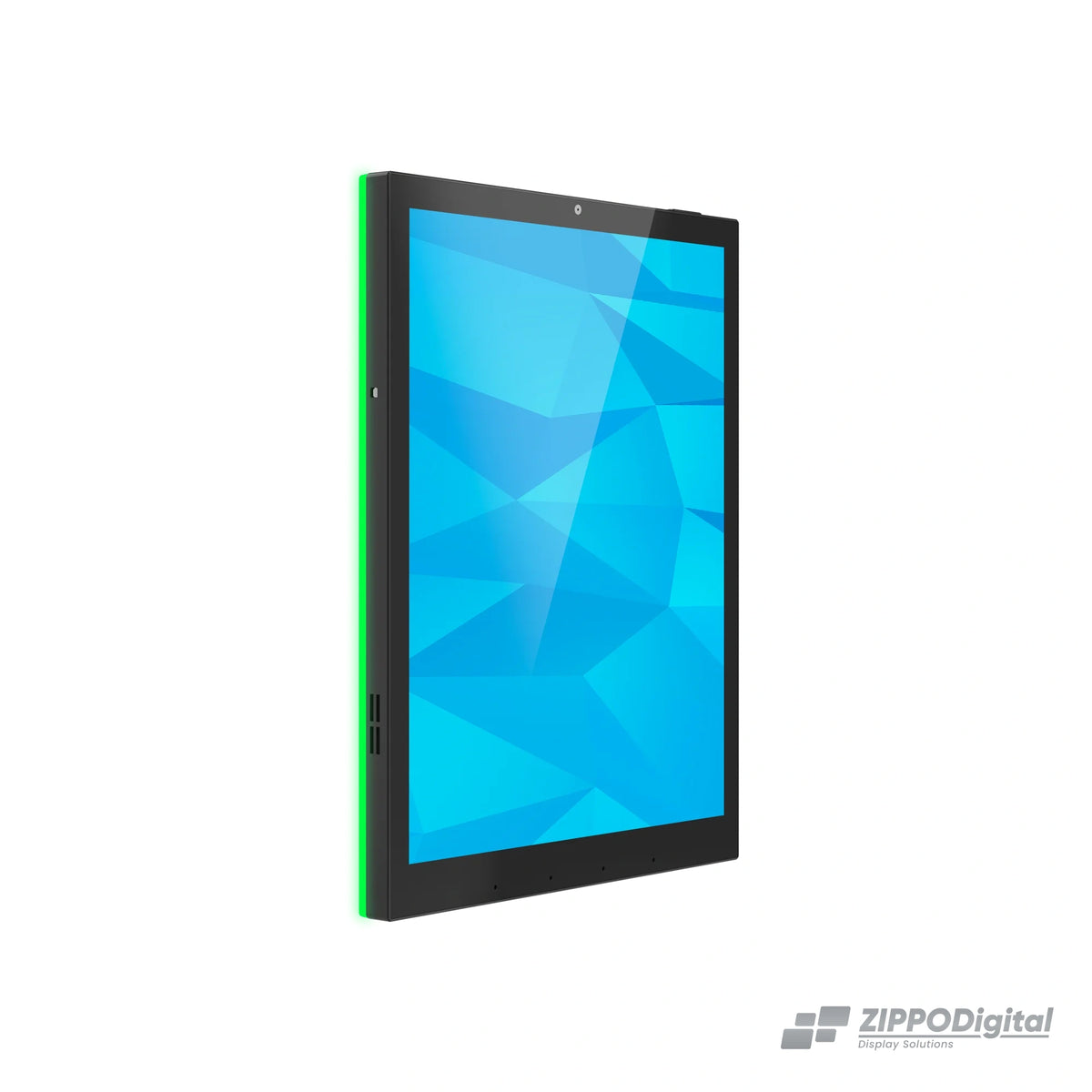 ZIPPODIGITAL pannello domotico touch 9,7″: vista obliqua sinistra, pannello domotico touch da parete con luce RGB