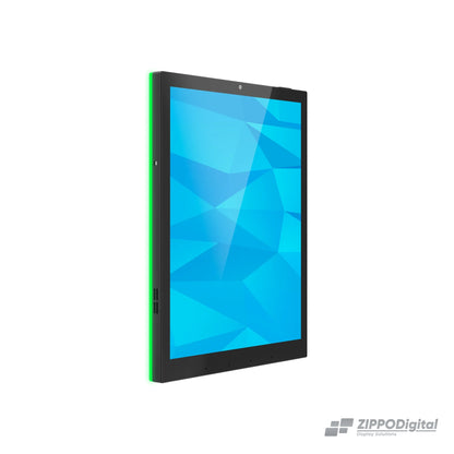 ZIPPODIGITAL pannello domotico touch 9,7″: vista obliqua sinistra, pannello domotico touch da parete con luce RGB