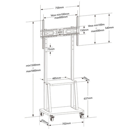 Supporto a Pavimento con Mensola per TV LCD/LED/Plasma 32-70": disegno tecnico con misure