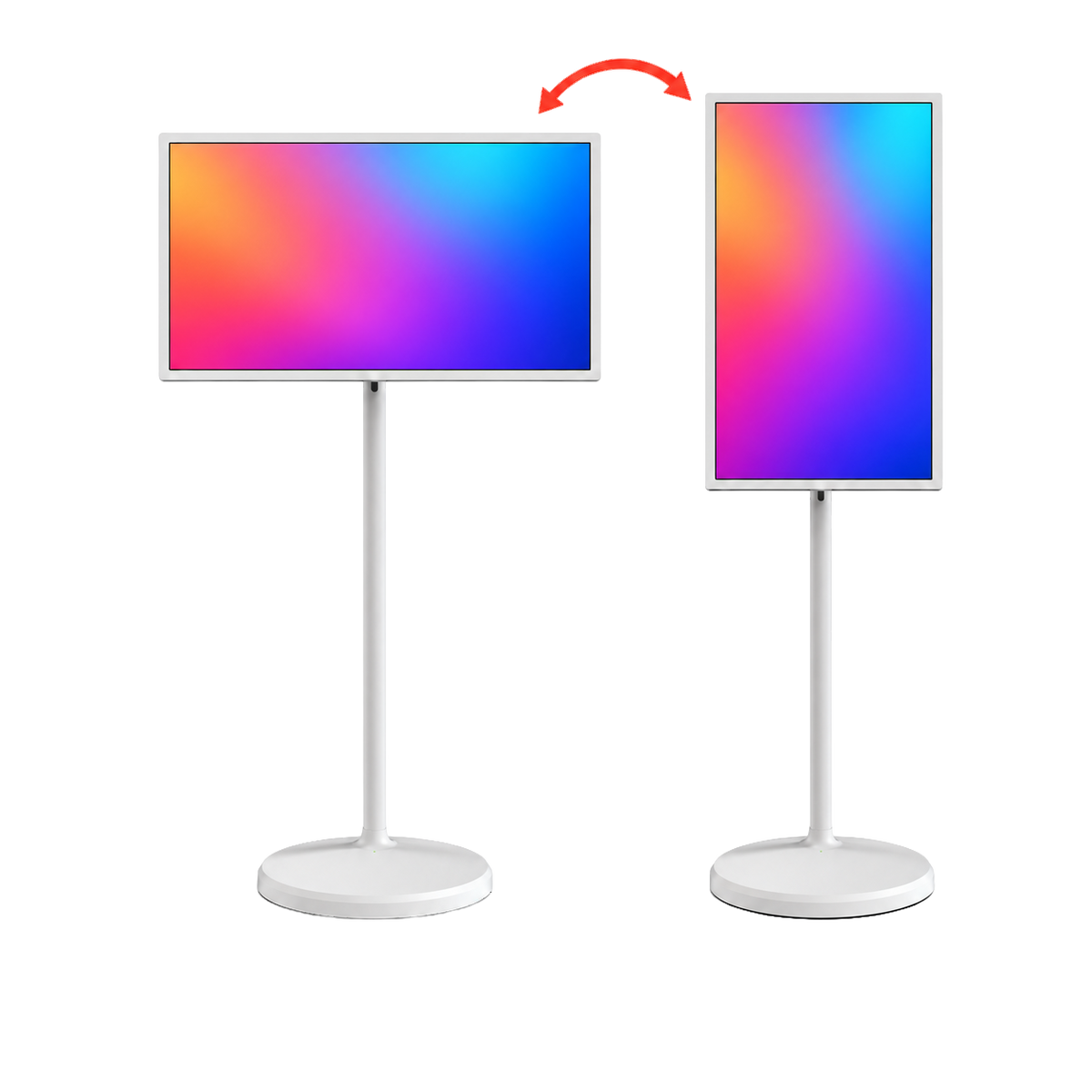 TV portatile touch su ruote 21,5″ Full HD: illustrazione dello schermo in orizzontale e verticale, con contenuti dimostrativi