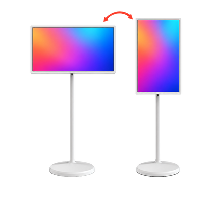 TV portatile touch su ruote 21,5″ Full HD: illustrazione dello schermo in orizzontale e verticale, con contenuti dimostrativi