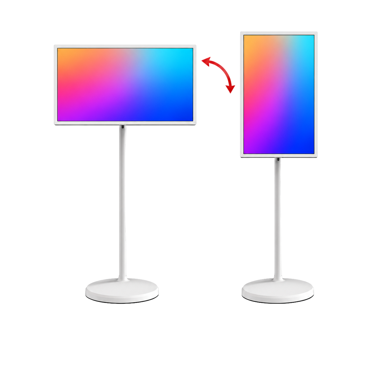 TV portatile touch su ruote 24″ Full HD: illustrazione dello schermo in orizzontale e verticale, con contenuti dimostrativi