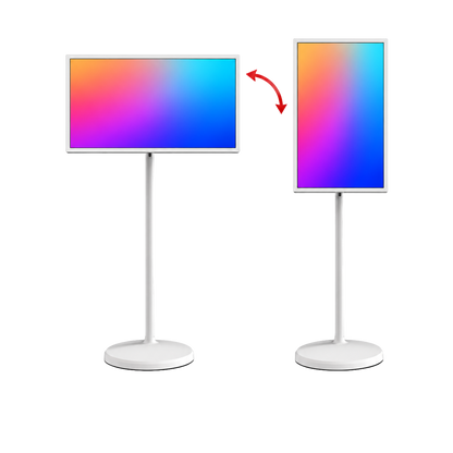 TV portatile touch su ruote 24″ Full HD: illustrazione dello schermo in orizzontale e verticale, con contenuti dimostrativi
