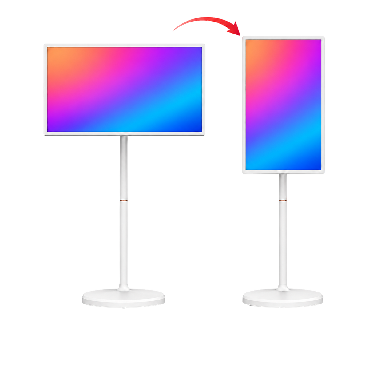 TV portatile touch su ruote 32″ 4K: illustrazione dello schermo in orizzontale e verticale, con contenuti dimostrativi
