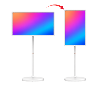 TV portatile touch su ruote 32″ 4K: illustrazione dello schermo in orizzontale e verticale, con contenuti dimostrativi