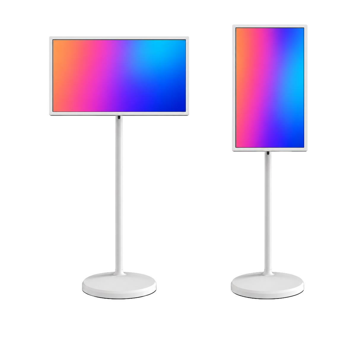 TV portatile touch su ruote 32″ Full HD: illustrazione dello schermo in orizzontale e verticale, con contenuti dimostrativi