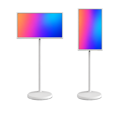 TV portatile touch su ruote 32″ Full HD: illustrazione dello schermo in orizzontale e verticale, con contenuti dimostrativi