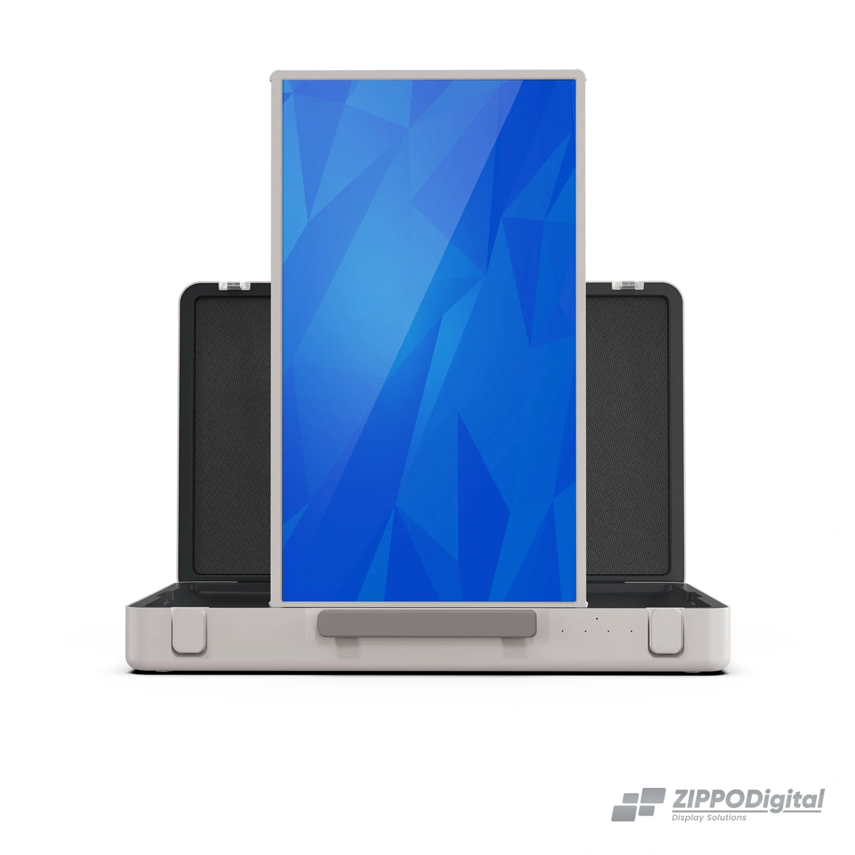ZIPPODIGITAL TV touch a valigetta 27″: schermo touch portatile a valigetta, frontale verticale, fondo bianco