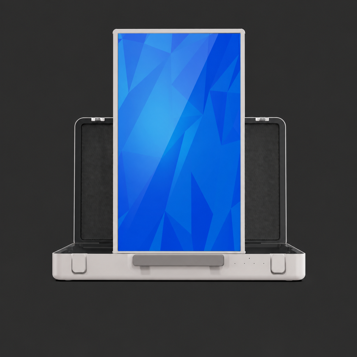 ZIPPODIGITAL 27″ carry-case touch TV: portable touch screen in a carry case, front portrait view, white background