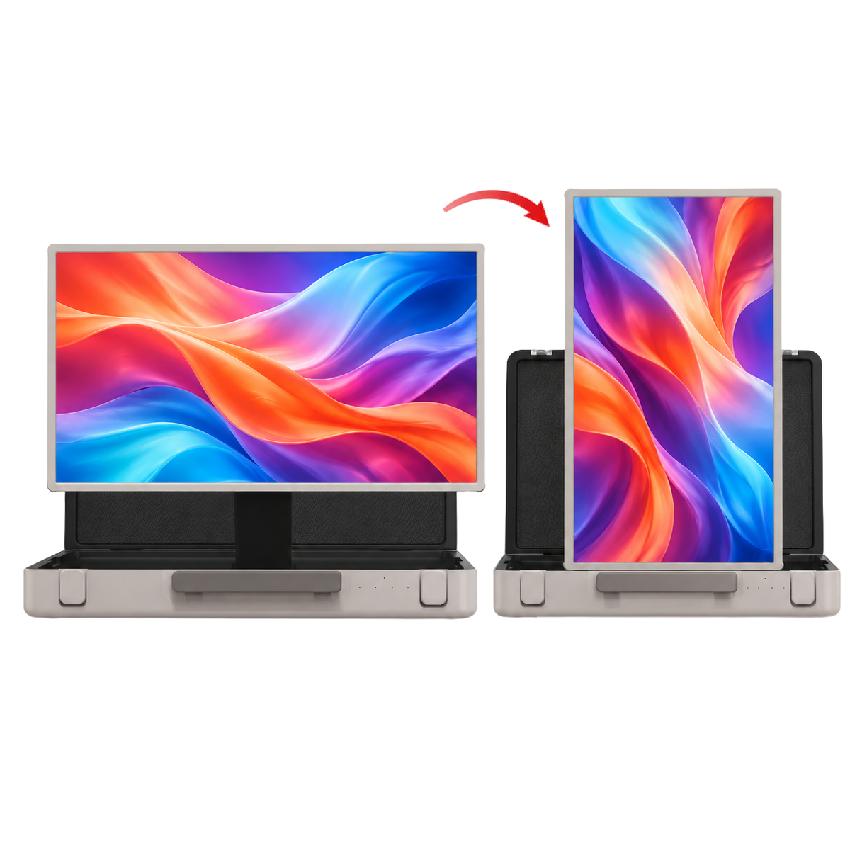 TV touch a valigetta 27″: illustrazione dello schermo in orizzontale e verticale, con contenuti dimostrativi