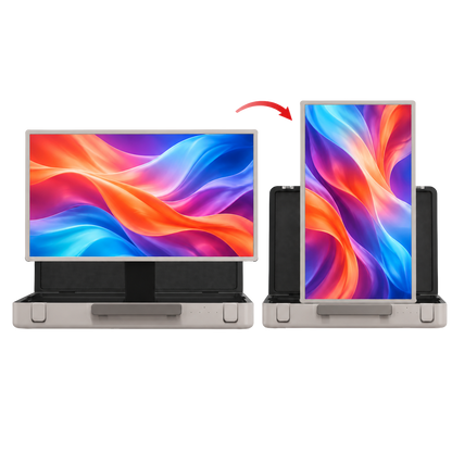 TV touch a valigetta 27″: illustrazione dello schermo in orizzontale e verticale, con contenuti dimostrativi