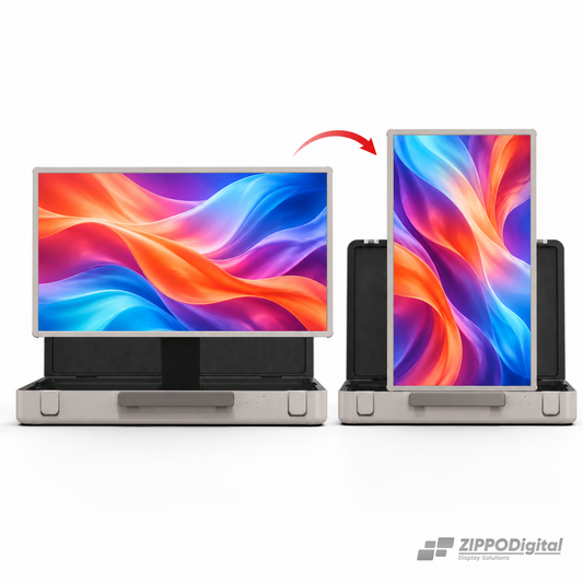 TV touch a valigetta 27″: illustrazione dello schermo in orizzontale e verticale, con contenuti dimostrativi