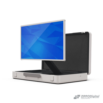 ZIPPODIGITAL TV touch a valigetta 27″: schermo touch portatile a valigetta, tre quarti destra, fondo bianco
