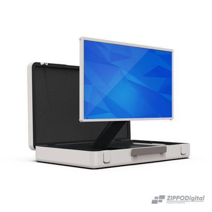 ZIPPODIGITAL TV touch a valigetta 27″: schermo touch portatile a valigetta, tre quarti sinistra, fondo bianco