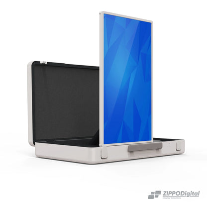 ZIPPODIGITAL TV touch a valigetta 27″: schermo touch portatile a valigetta, tre quarti verticale, fondo bianco