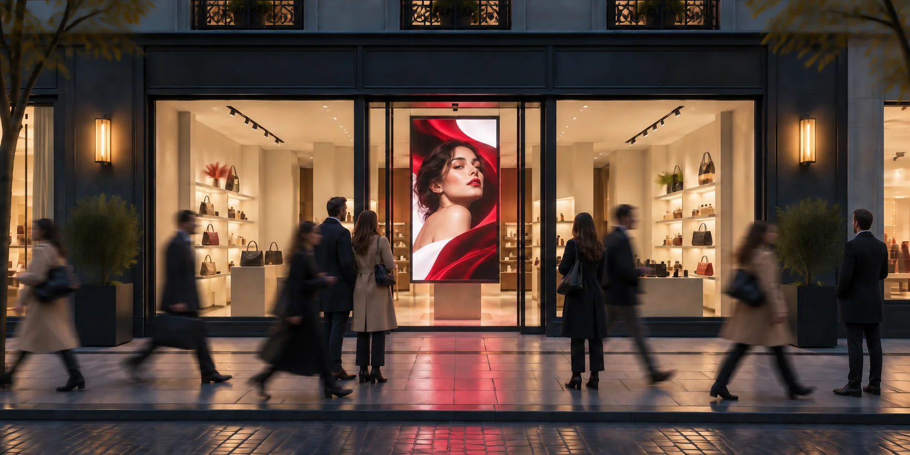 Boutique at dusk with pedestrians in motion, a digital display in the window, a couple, a woman and a man standing still to watch it