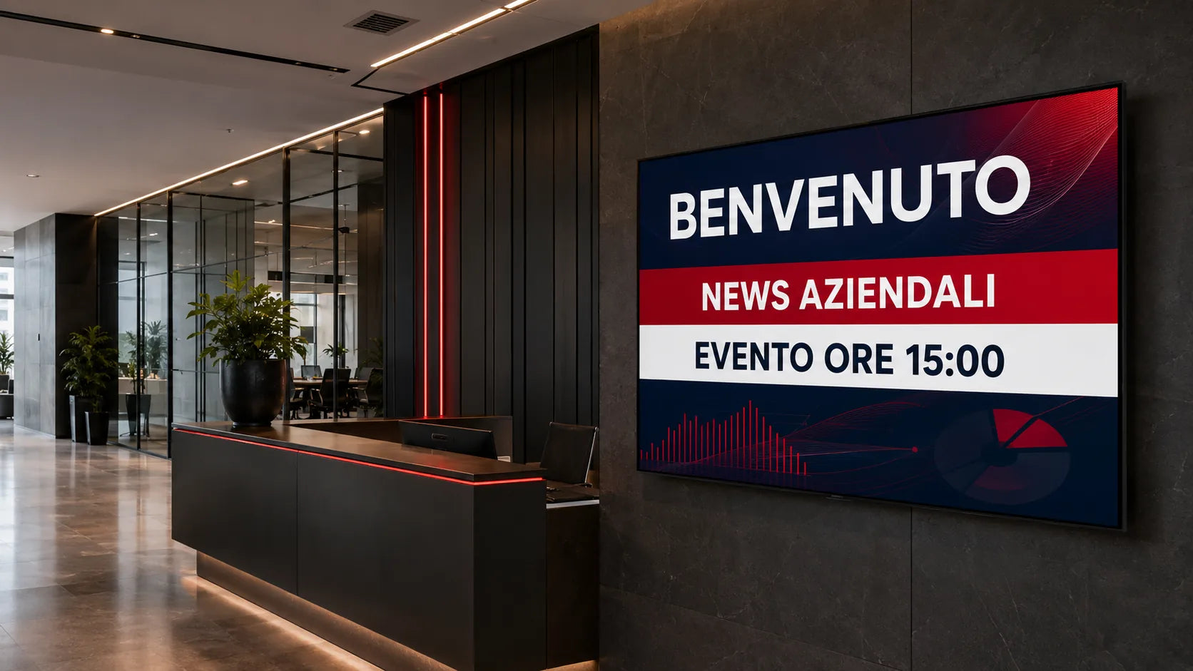 Display digital signage in hall uffici con benvenuto, news aziendali ed evento