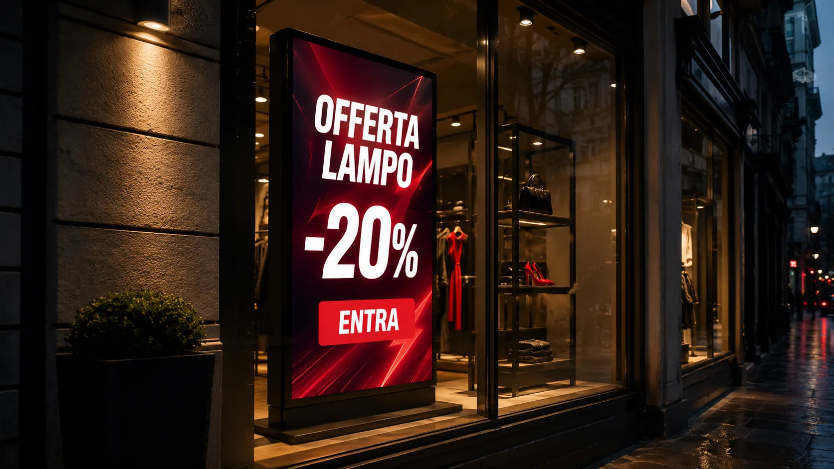 Monitor da vetrina retail con offerta lampo e promo in negozio