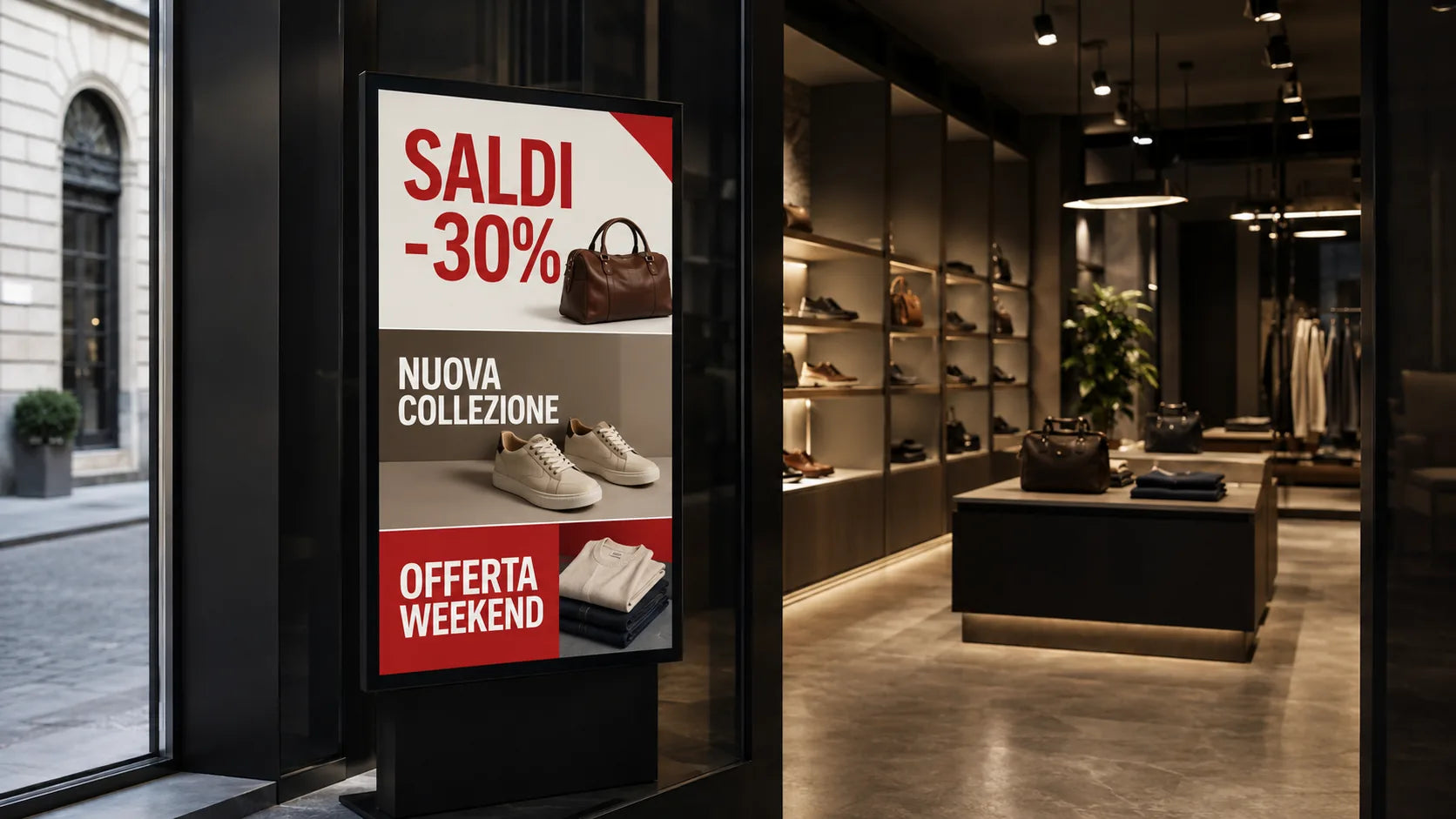 Monitor digital signage in negozio retail con saldi e nuova collezione