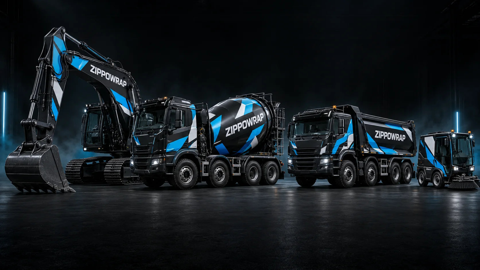 Excavator, concrete mixer and work vehicles customized with ZIPPOWRAP livery
