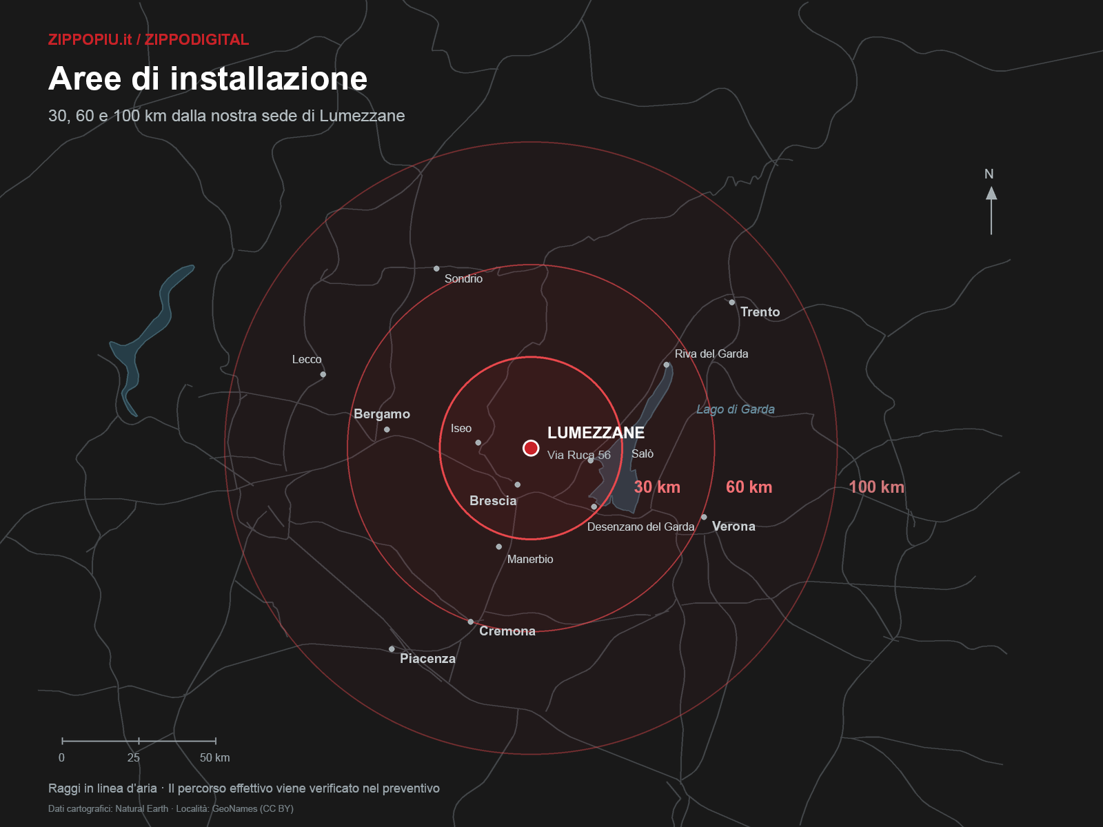 Installation areas at 30, 60 and 100 km from ZIPPOPIU.it in Lumezzane
